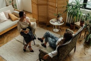 Two women in modern meeting room
