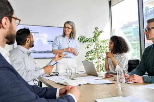 Adults in meeting room with female leader