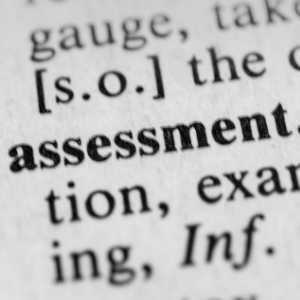 black and white graphic of the word "assessment"