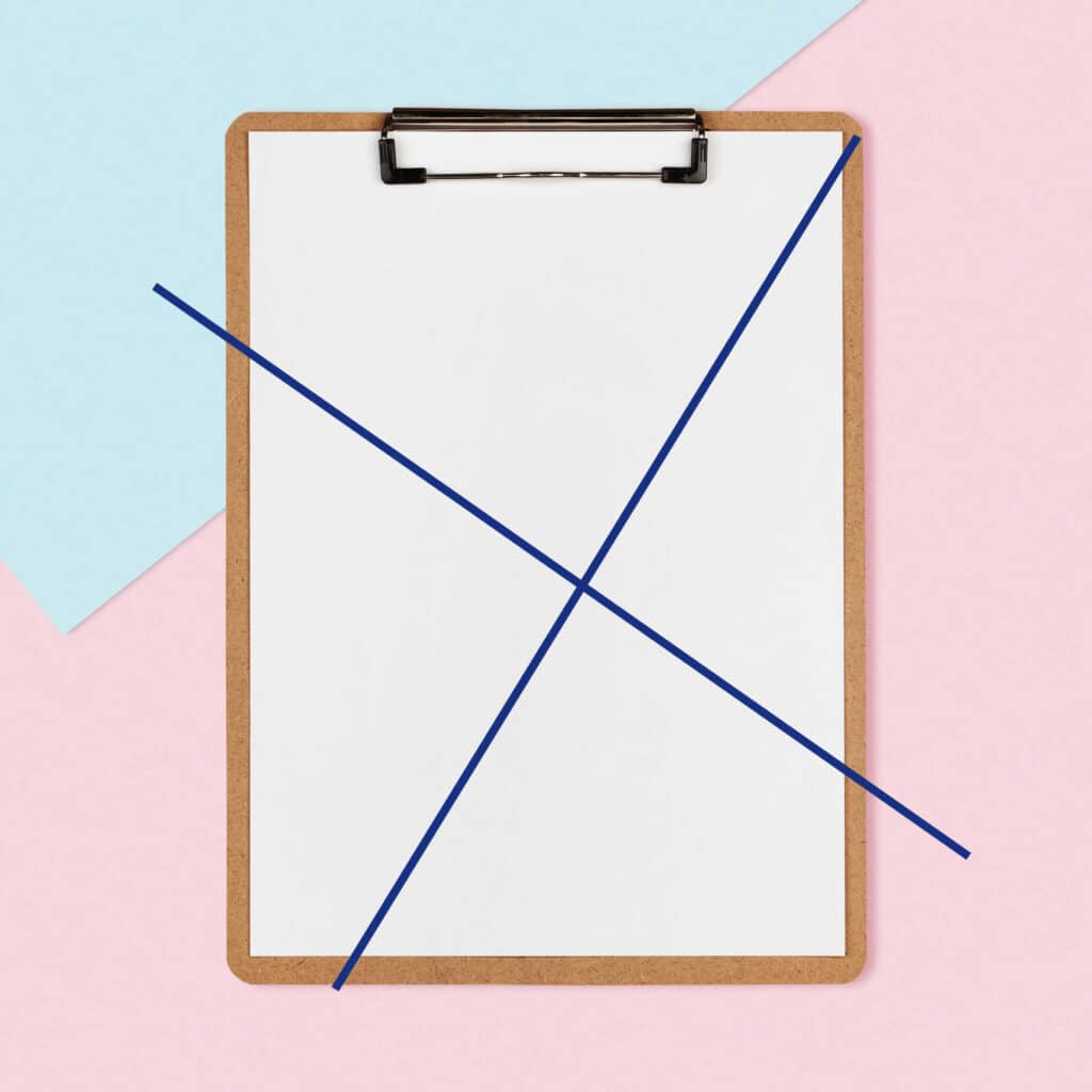 clipboard with a line crossed through it